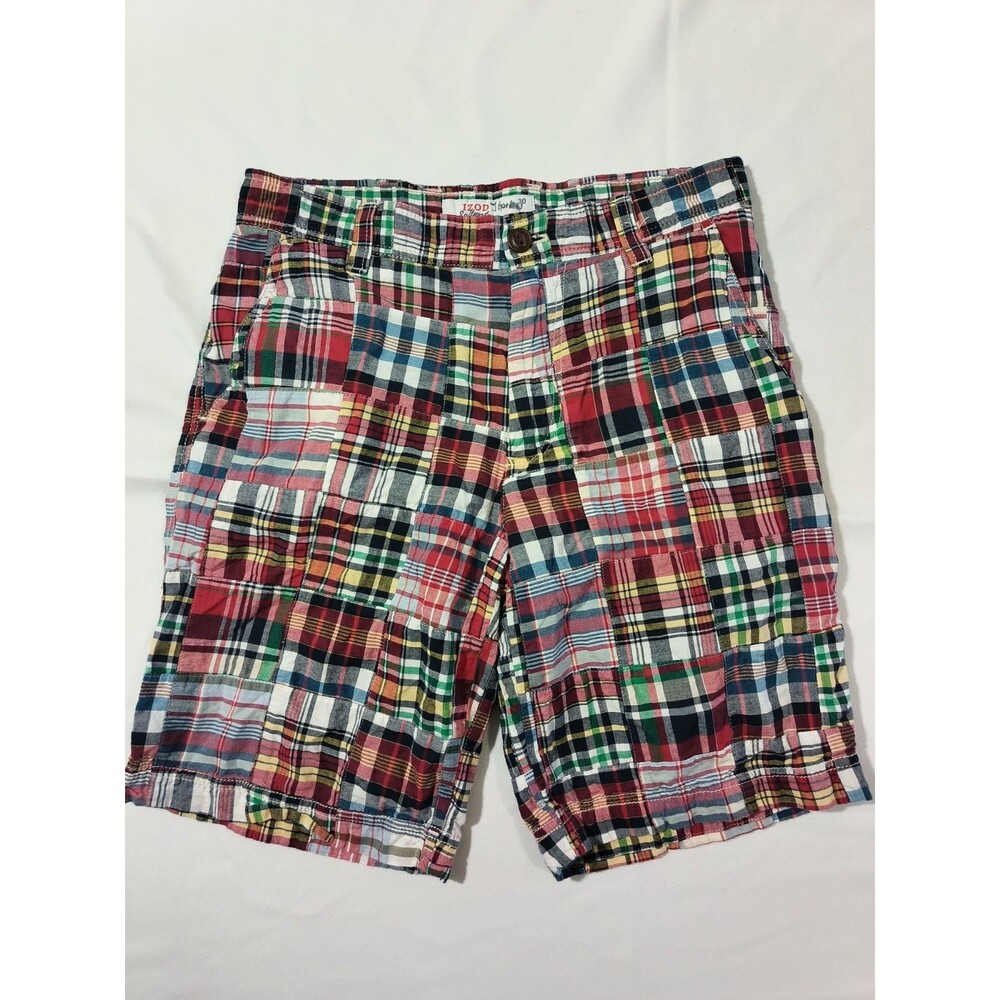 IZOD Saltwater Mens Shorts 30 Patchwork Madras Plaid Preppy Red Blue Green